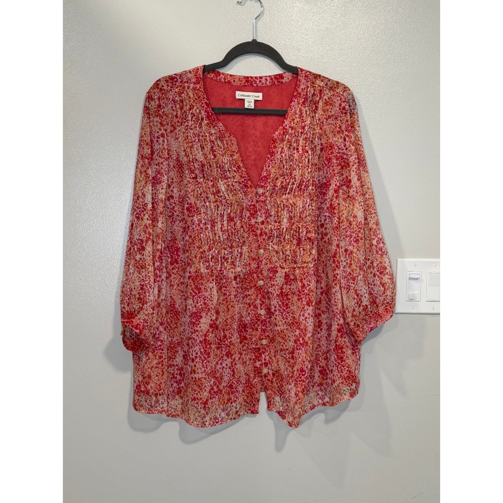 Coldwater Creek Red Orange Floral Pintuck Blouse 2X Plus Size V-Neck Top Light